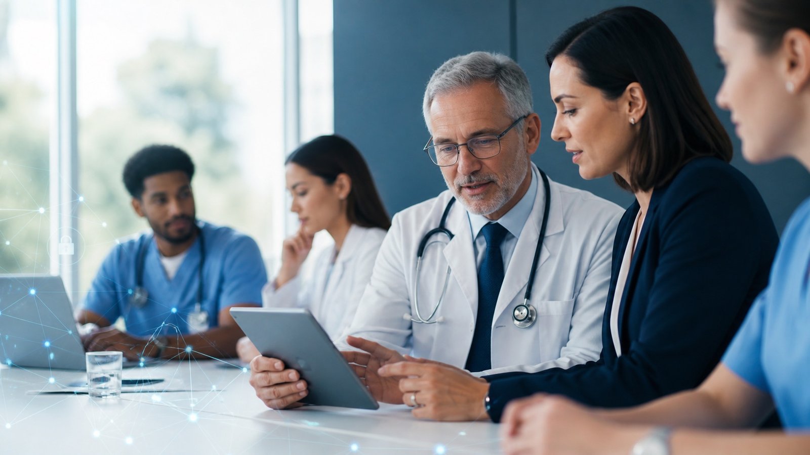 Professionisti sanitari analizzano dati digitali e intelligenza artificiale in una struttura sanitaria.