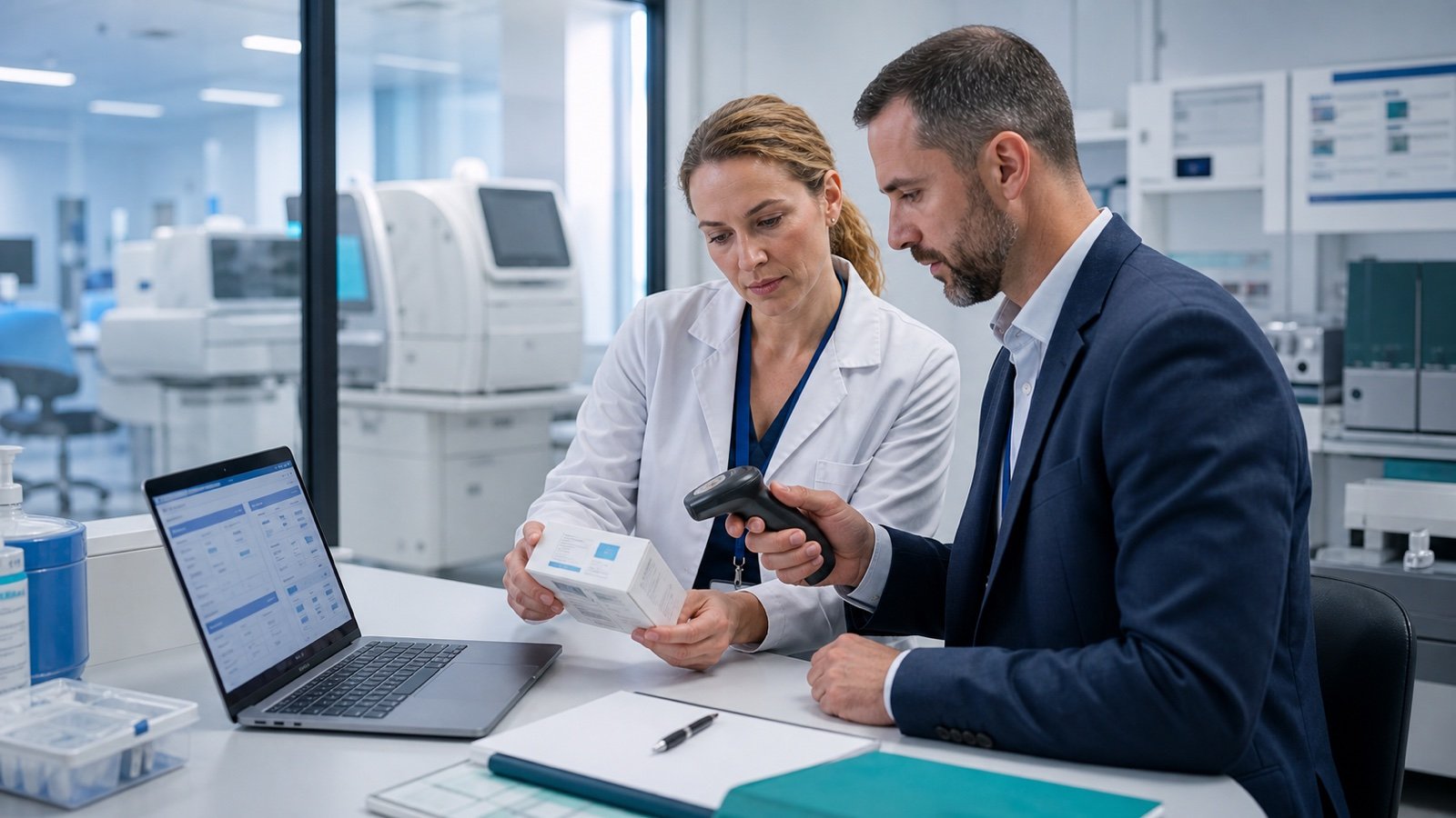 Professionisti verificano dispositivi medici e registrazione EUDAMED in un centro diagnostico